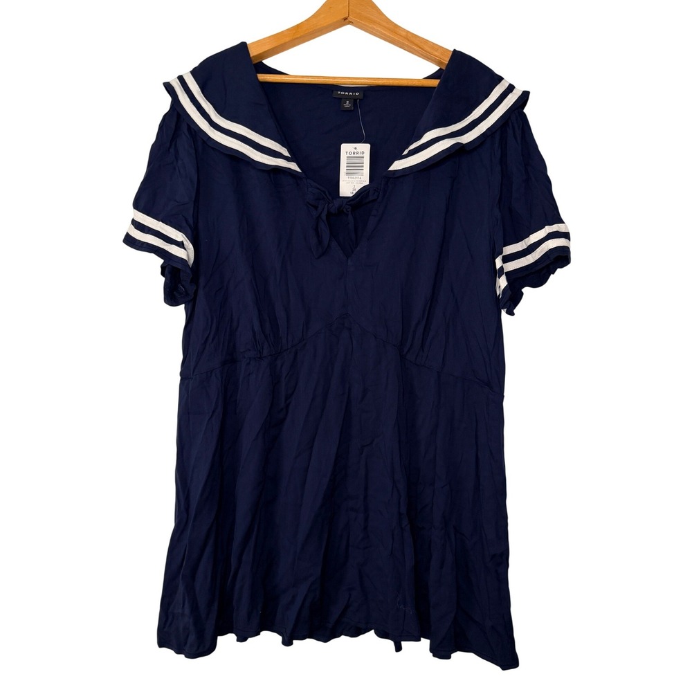 NEW Torrid Navy Blue Sailor Collar Tie Front Blouse Top Nautical 2 2X 18-20